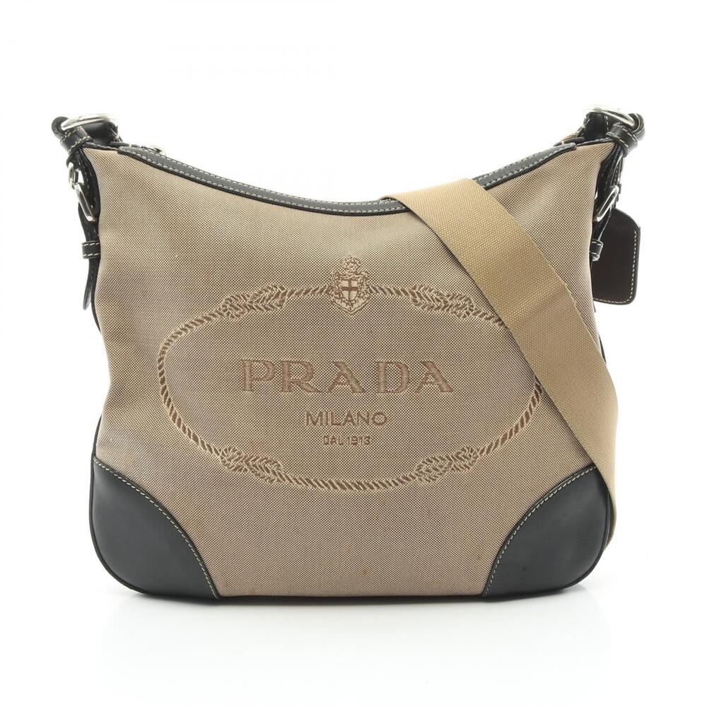 Prada LOGO JACQUARD Shoulder Bag Canvas Beige Black
